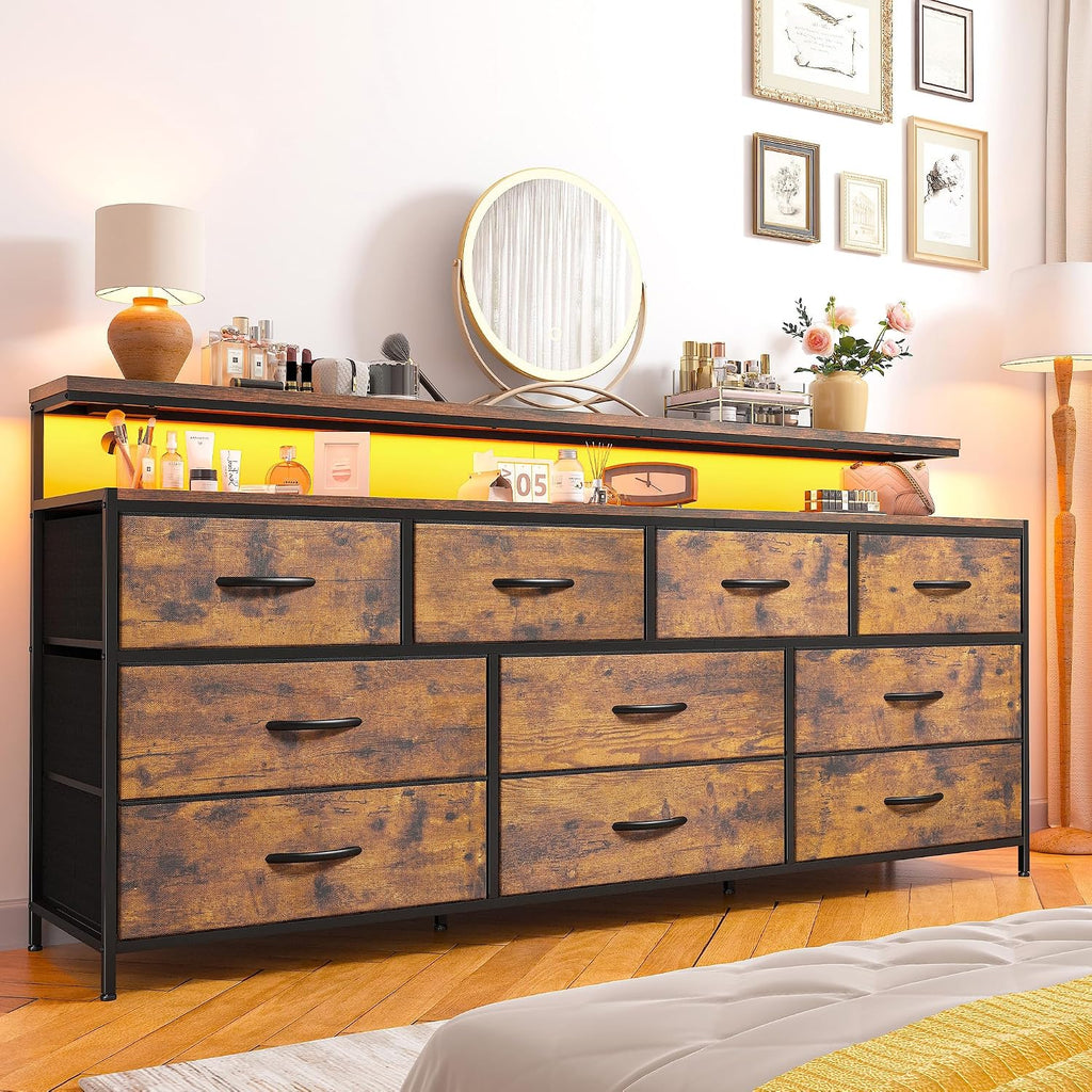 55' W Dresser for Bedroom with 10 Fabric Drawers Long Dresser with LED Lights & Power Outlets Wide Dressers & Chests of Drawers Large Organizer for Bedroom, Metal Frame, Wood Top, Rustic Brown