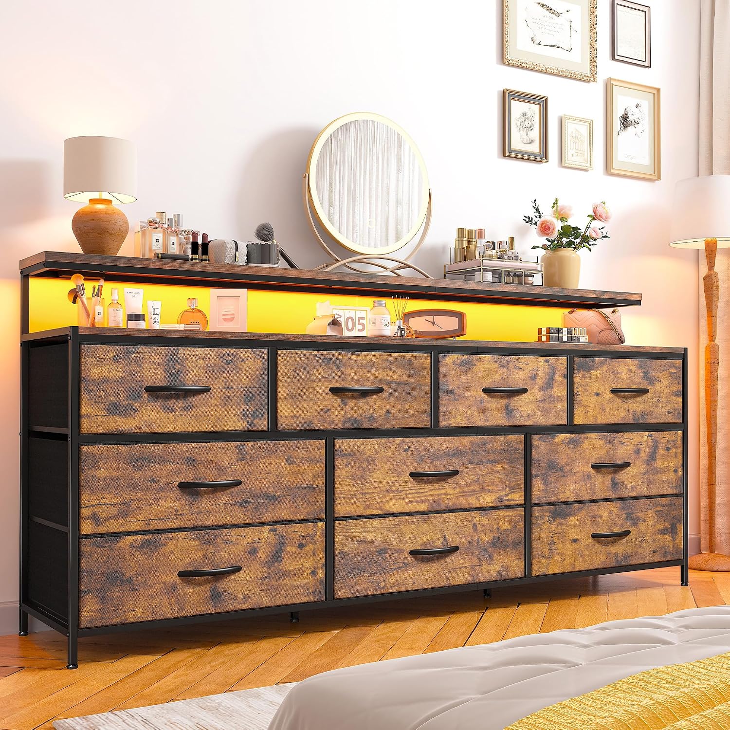 55' W Dresser for Bedroom with 10 Fabric Drawers Long Dresser with LED Lights & Power Outlets Wide Dressers & Chests of Drawers Large Organizer for Bedroom, Metal Frame, Wood Top, Rustic Brown