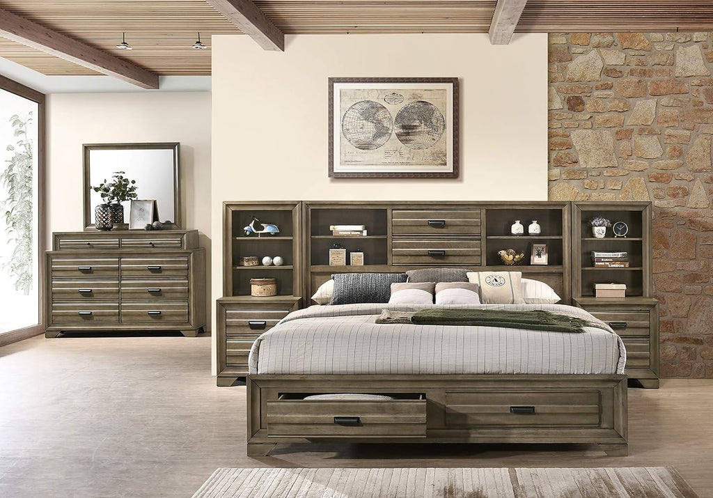 Roundhill Furniture Loiret Storage Platform King WallBed with Dresser and Mirror, Chest, Light Gray