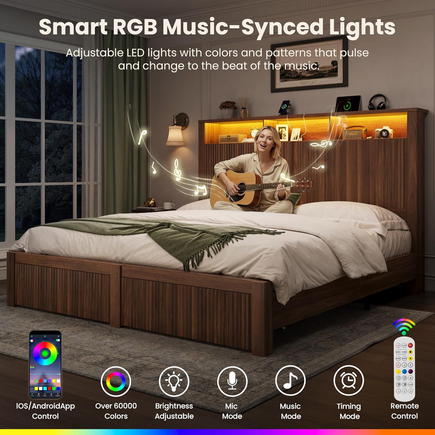 CypBed Full Size Bed Frame with Headboard and Storage Drawer, Full Bed Frame with LED Light and Charging Port, Farmhouse Wavy Design, Wood & Metal Platform, Noise-Free, No Box Spring Needed, Walnut