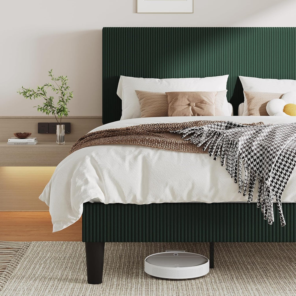 Allewie King Size Upholstered Bed Frame with Vertical Channel Tufted Headboard, Soft Corduroy Fabric Platform Bed, Strong Wooden Slats Support, Easy Assembly, No Box Spring Needed, Dark Green