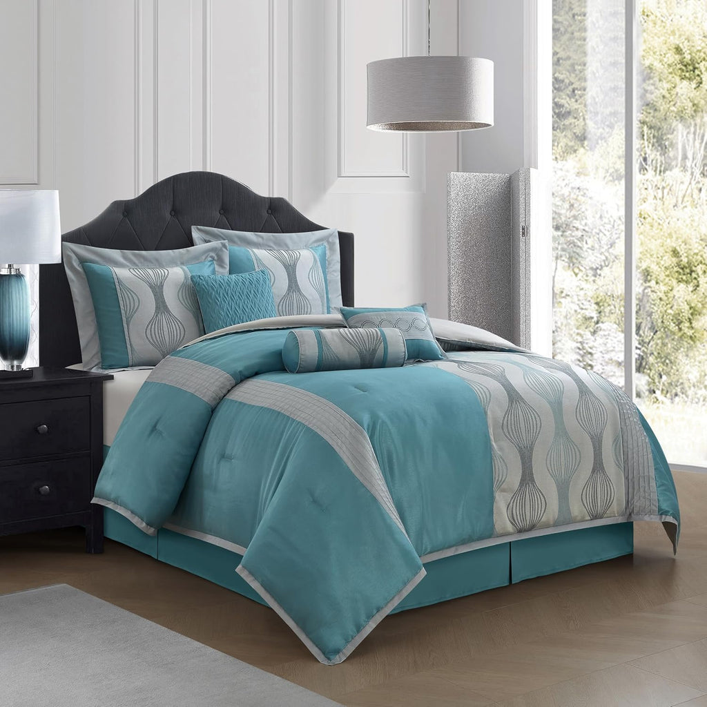 Stratford Park 7 Piece Blue Comforter Set, King Size Jacquard Bedding Set, All Season Geometric Patchwork Bedding Set, Matching Pillows, Shams, Bed Skirt