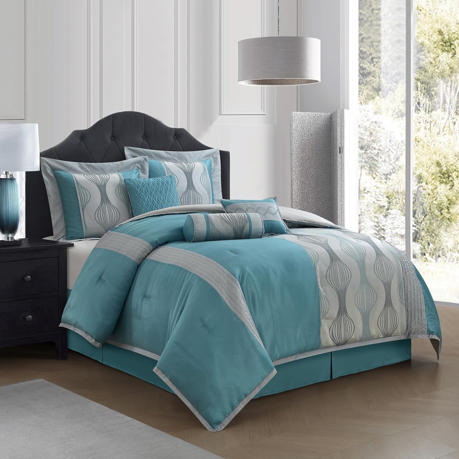 Stratford Park 7 Piece Blue Comforter Set, King Size Jacquard Bedding Set, All Season Geometric Patchwork Bedding Set, Matching Pillows, Shams, Bed Skirt