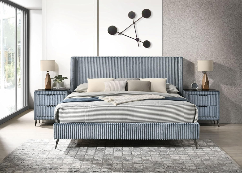 Roundhill Furniture Mavela Wide Wale Corduroy Upholstery Panel King Bed with 2 Nightstands, Blue