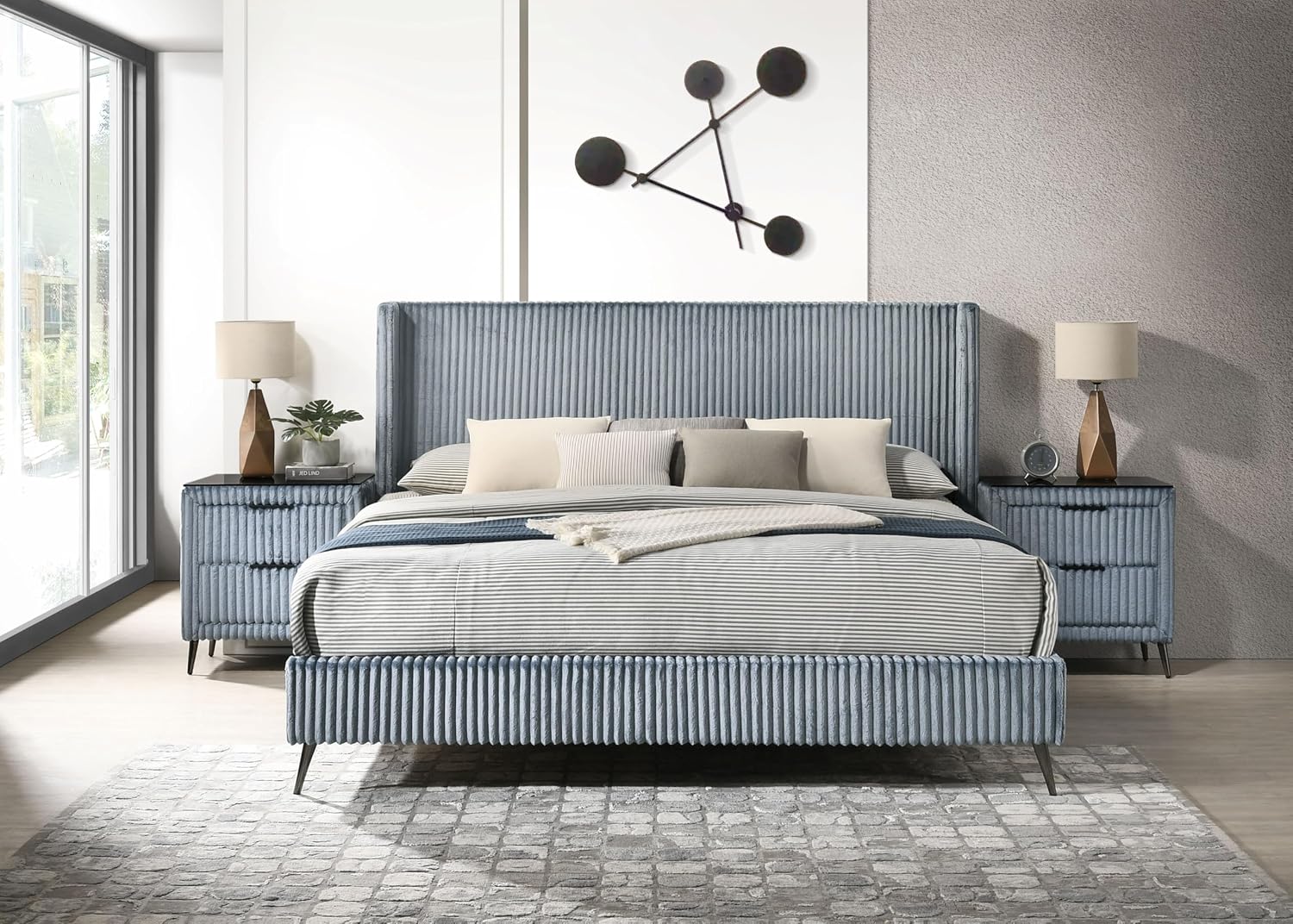 Roundhill Furniture Mavela Wide Wale Corduroy Upholstery Panel King Bed with 2 Nightstands, Blue