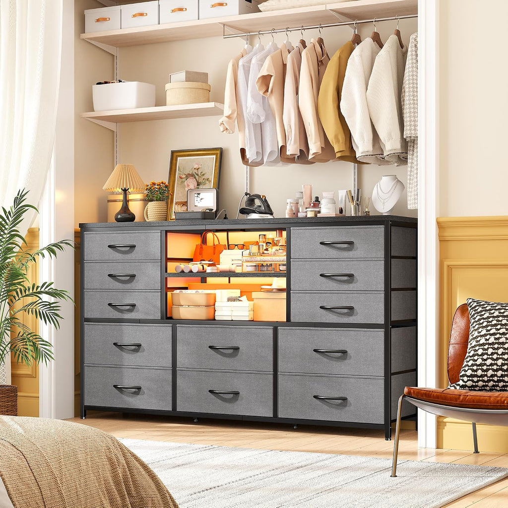 EnHomee 12 Drawers Dresser for Bedroom with LED Lights & Charging Station, TV Stands for 55/60'' TV, Fabric Dressers & Chests of Drawers with 3 Wooden Shelves for Hallway,Sturdy,Grey