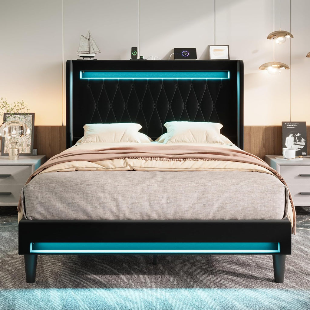 Allewie Upholstered Full Size Platform Bed Frame with LED Light and Charging Station, Button Tufted High Headboard, Wingback Design, Noise Free, Easy Assembly, No Box Spring Needed, Black
