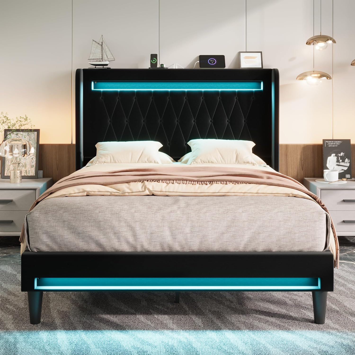 Allewie Upholstered Queen Size Platform Bed Frame with LED Light and Charging Station, Button Tufted High Headboard, Wingback Design, Noise Free, Easy Assembly, No Box Spring Needed, Black