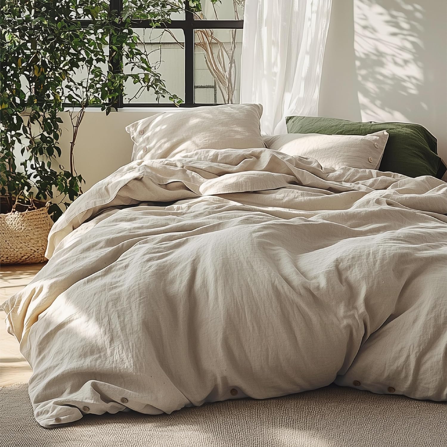 Bedsure Linen Duvet Cover Queen - Linen Cotton Blend Duvet Cover, PureWoven Cooling & Breathable Bedding Set for Hot Sleepers, Moisture Wicking & Durable Cover Set 3 Piece (Linen Color)