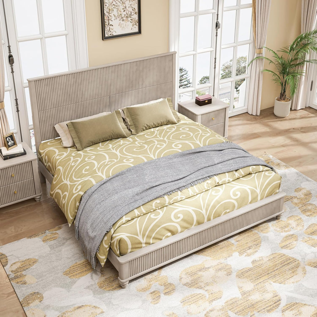 3-Pieces Bedroom Sets, King Size Platform Bed with 2 Nightstands, Solid Wood Platform Bed Frame with Tall Headboard and Classic American Turned Legs (Beige-5.25, King)