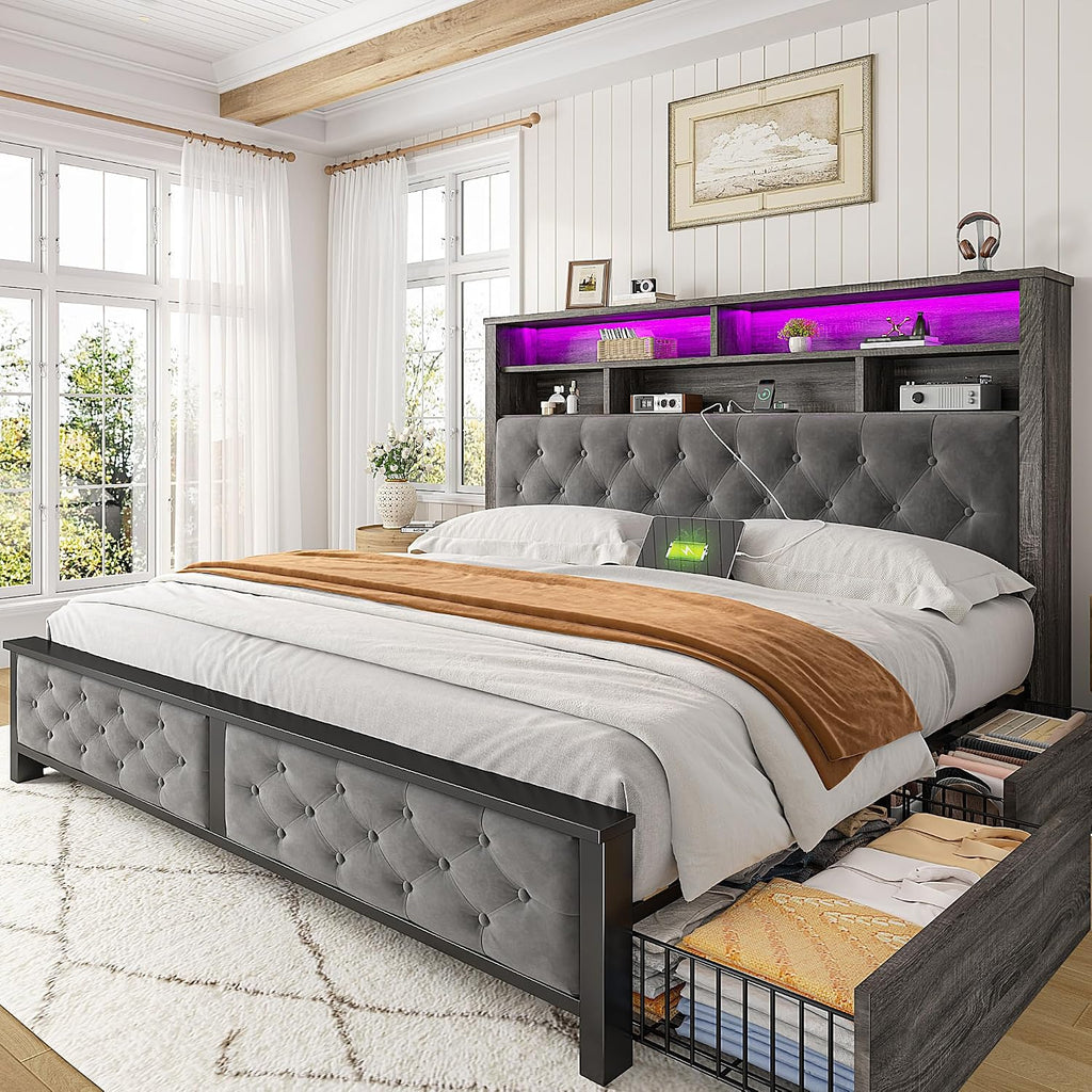 EnHomee Queen Bed Frame with Storage Headboard & 4 Drawers,Wooden Bed Frame Queen Size with Charging Station & LED Lights Upholstered,NO Noise,No Box Spring Needed,Gray