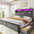 EnHomee Queen Bed Frame with Storage Headboard & 4 Drawers,Wooden Bed Frame Queen Size with Charging Station & LED Lights Upholstered,NO Noise,No Box Spring Needed,Gray