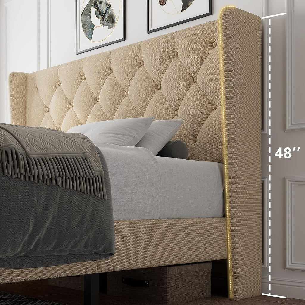 iPormis Queen Platform Bed Frame with Button Tufted Headboard, Upholstered Bed Frame with Solid Wooden Slats, 8' Under-Bed Space, No Box Spring Needed, Easy Assembly, Noise Free, Beige