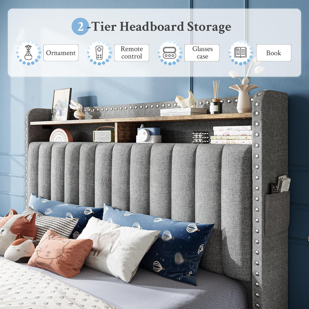 EnHomee Full Size Upholstered Bed Frame with 2 Storage Drawers and 2-Tier Headboard, Vertical Tufted Headboard Design, Extra Storage Space for Bedroom Apartment, Grey