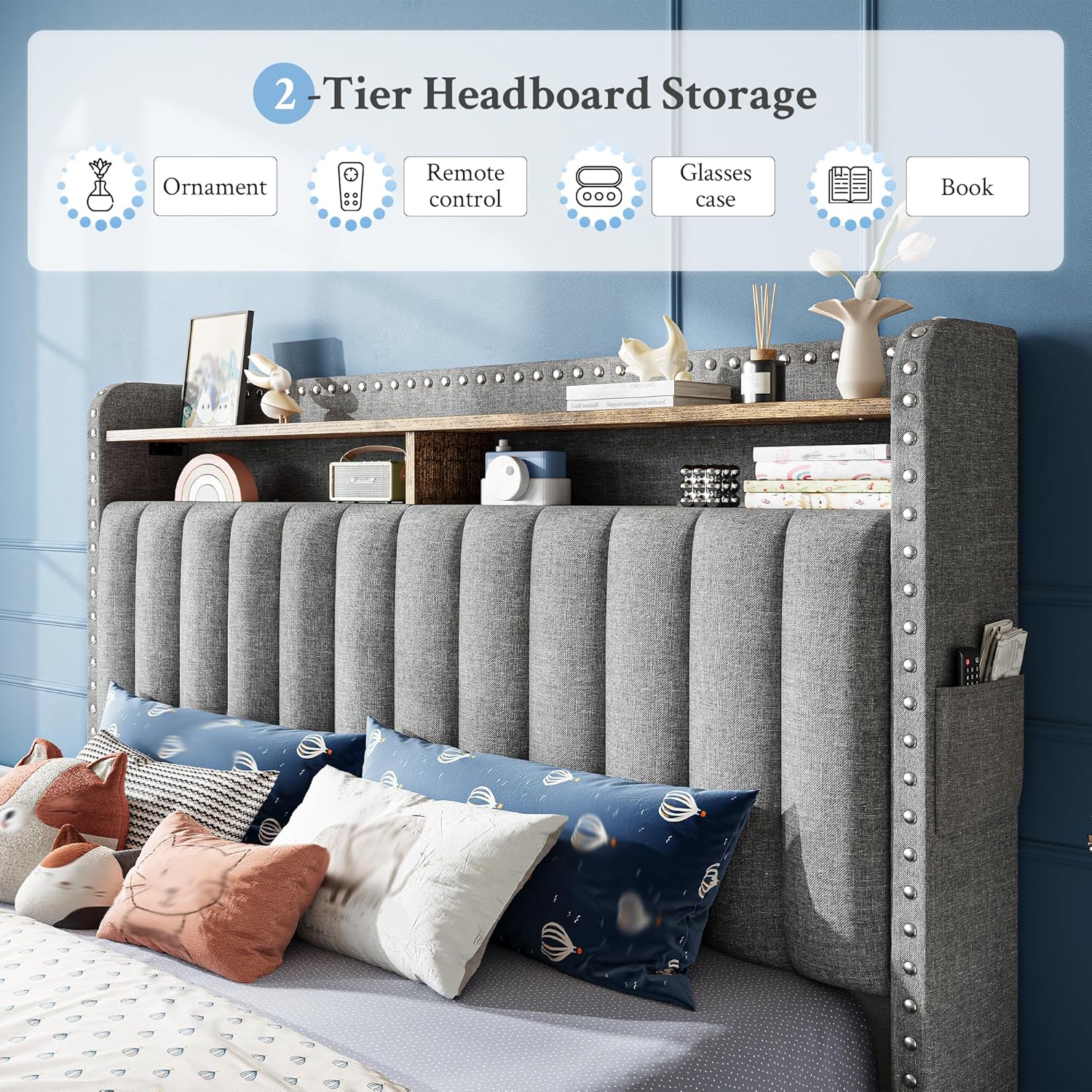 EnHomee Full Size Upholstered Bed Frame with 2 Storage Drawers and 2-Tier Headboard, Vertical Tufted Headboard Design, Extra Storage Space for Bedroom Apartment, Grey