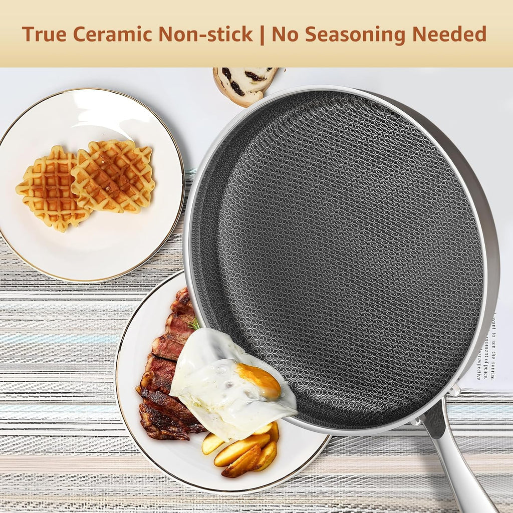 LOLYKITCH Frying Pan Set Nonstick, 8/10/12 Inch Stainless Steel Skillet with Detachable Handle and Glass Lids, Induction & Oven Safe, Professional Non-Toxic PFOA Free Pans for Everyday Cooking