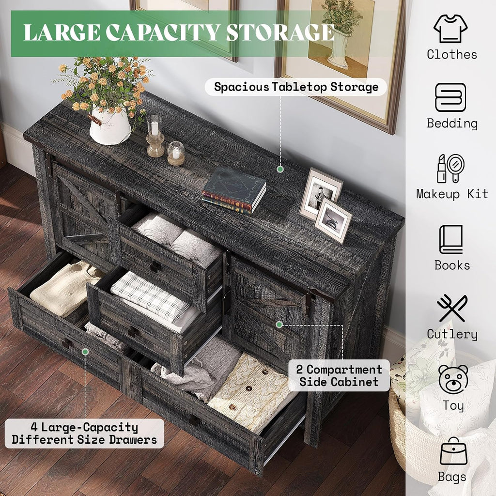 AMERLIFE 2PCS Farmhouse Dresser Set with Sliding Barn Doors, Bedroom Sets Include 47'' Dresser with 4 Drawers, 5-Drawer Tall Dresser, Black Oak