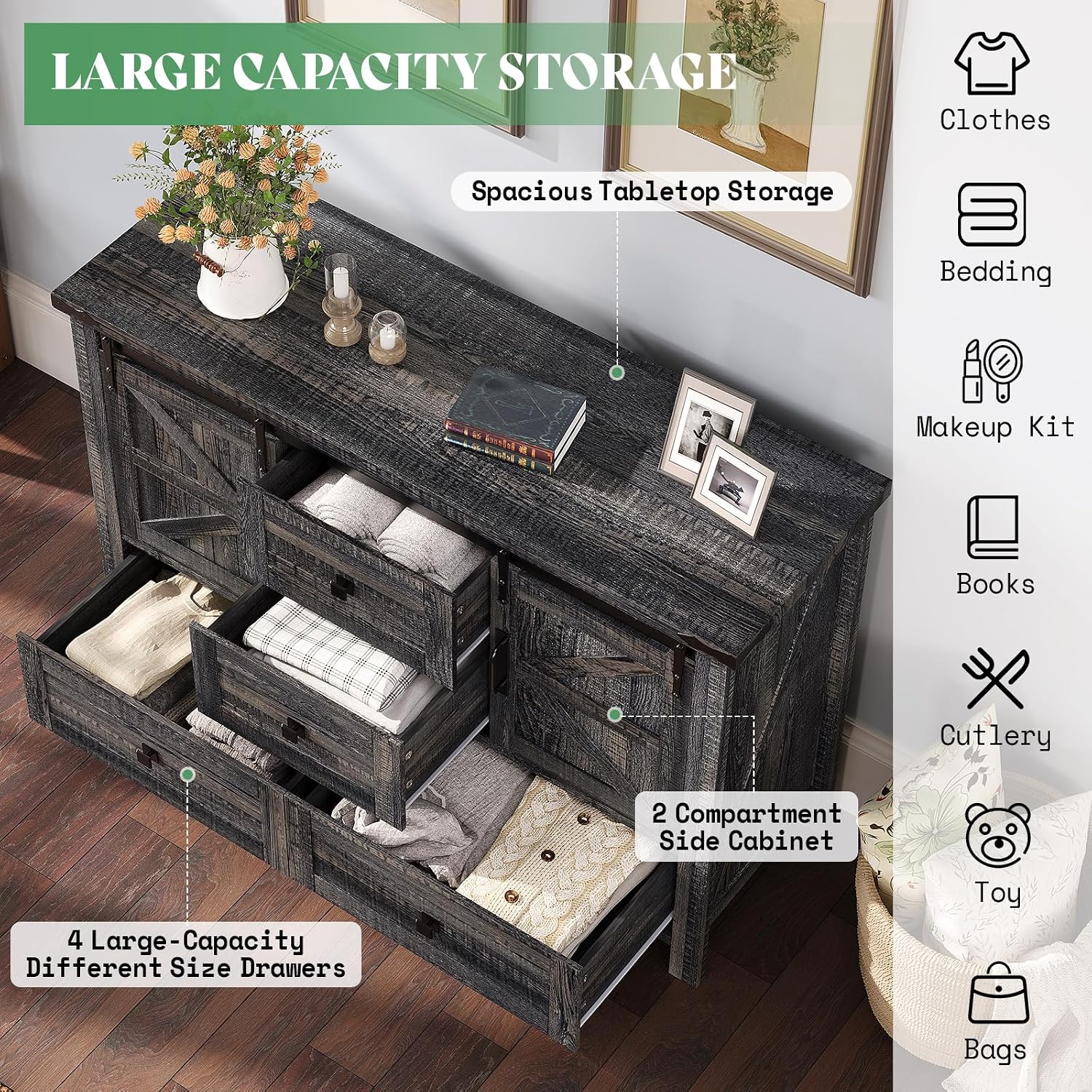 AMERLIFE 2PCS Farmhouse Dresser Set with Sliding Barn Doors, Bedroom Sets Include 47'' Dresser with 4 Drawers, 5-Drawer Tall Dresser, Black Oak