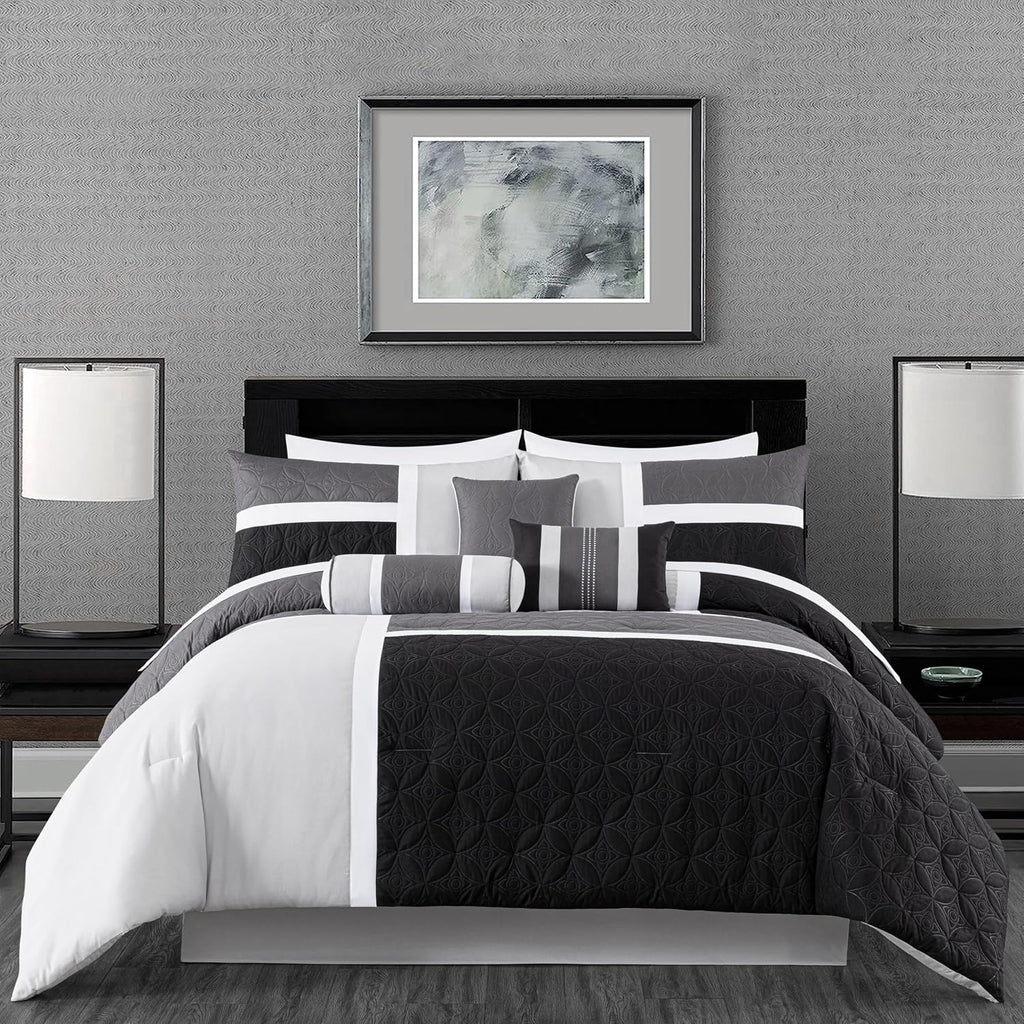 Chezmoi Collection Upland 7-Piece Quilted Patchwork Comforter Set, Black/Gray/Light Gray, Oversized King