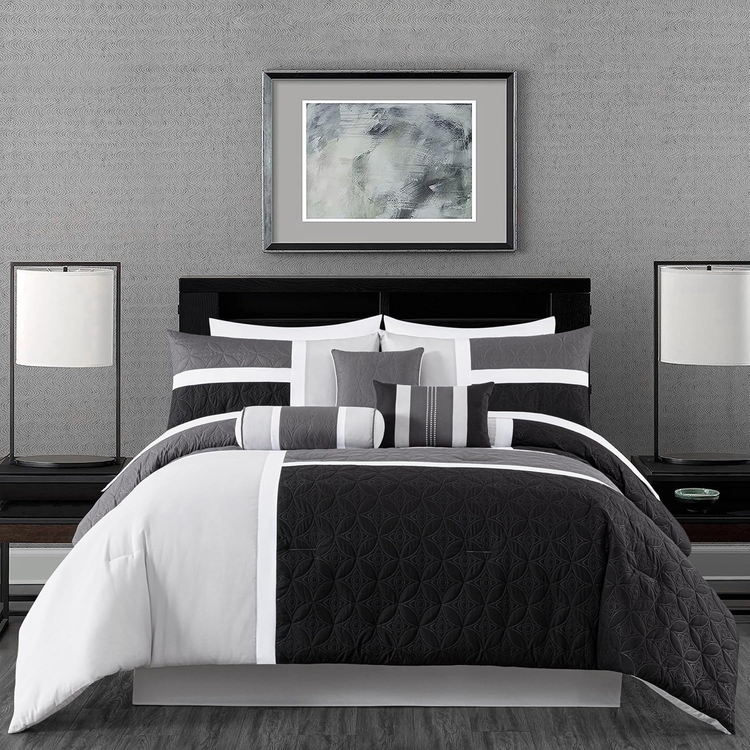 Chezmoi Collection Upland 7-Piece Quilted Patchwork Comforter Set, Black/Gray/Light Gray, Oversized King