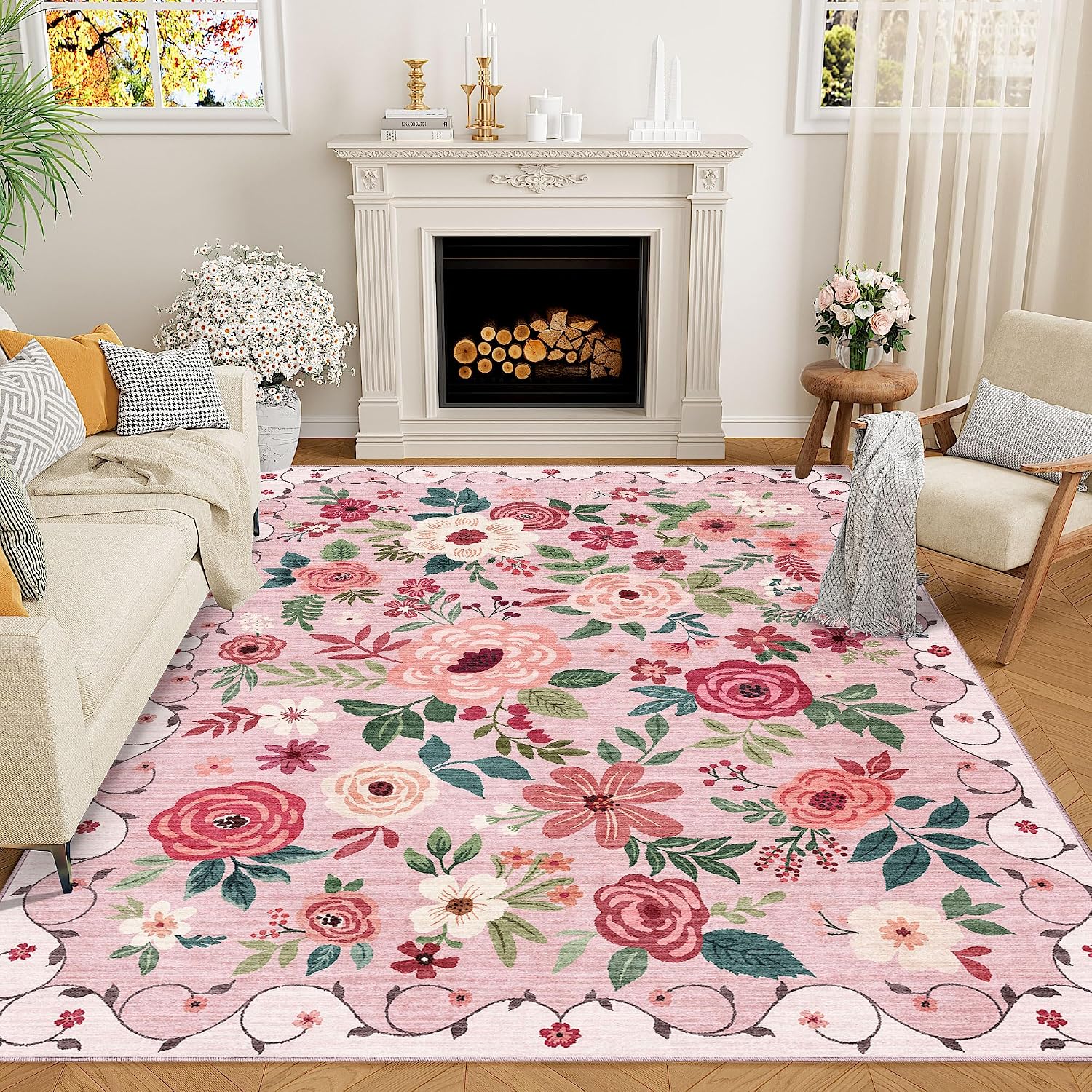 DUKINO 8x10 Area Rug, Floral Rugs for Living Room, Lightweight Non Slip Washable Rug, Indoor Low Pile & Non-Shedding Boho Design Rugs for Bedroom, Living Room, Dining Room, Pink