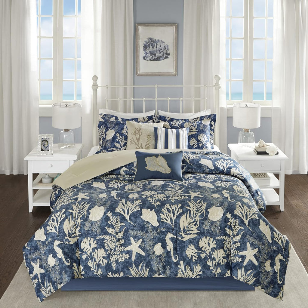 Madison Park 100% Cotton Comforter Set - Coastal Coral, Starfish Design All Season Down Alternative Cozy Bedding with Matching Shams, Decorative Pillow, Queen(90'x90'), Blue, Cape Cod Navy 7pcs