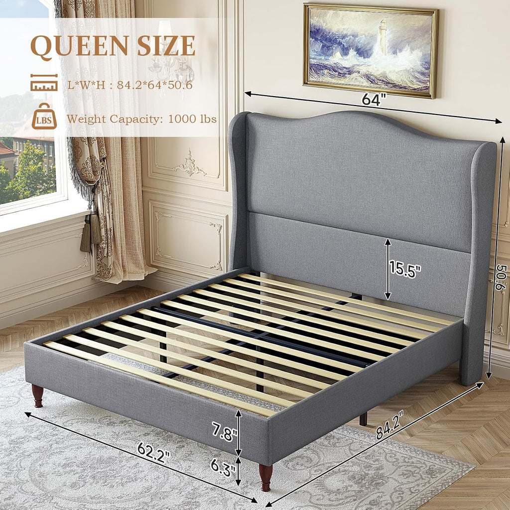 koorlian Queen Bed Frame Upholstered Platform Bed with 51' Tall Headboard Wingback, Soft Fabric, Retro Simple Style No Box Spring Needed, Easy Assembly, Grey