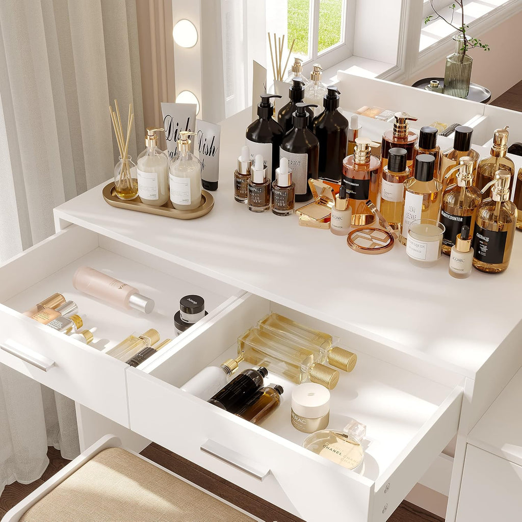 Rovaurx 46.7' Makeup Vanity Table with Lighted Mirror, Large Vanity Desk with Storage Shelf & 5 Drawers, Bedroom Dressing Table, 11 LED Lights, White