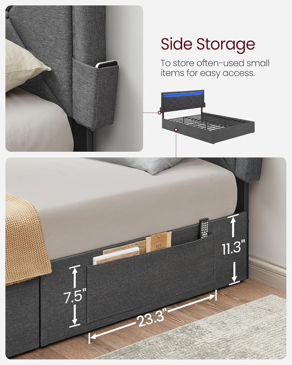 VASAGLE LED Bed Frame Full Size, Full Bed with Headboard and 4 Drawers, 1 USB Port and 1 Type C Port, Adjustable Upholstered Headboard 37.1/39.6 Inches, No Box Spring Needed, Dark Gray URMB822G71