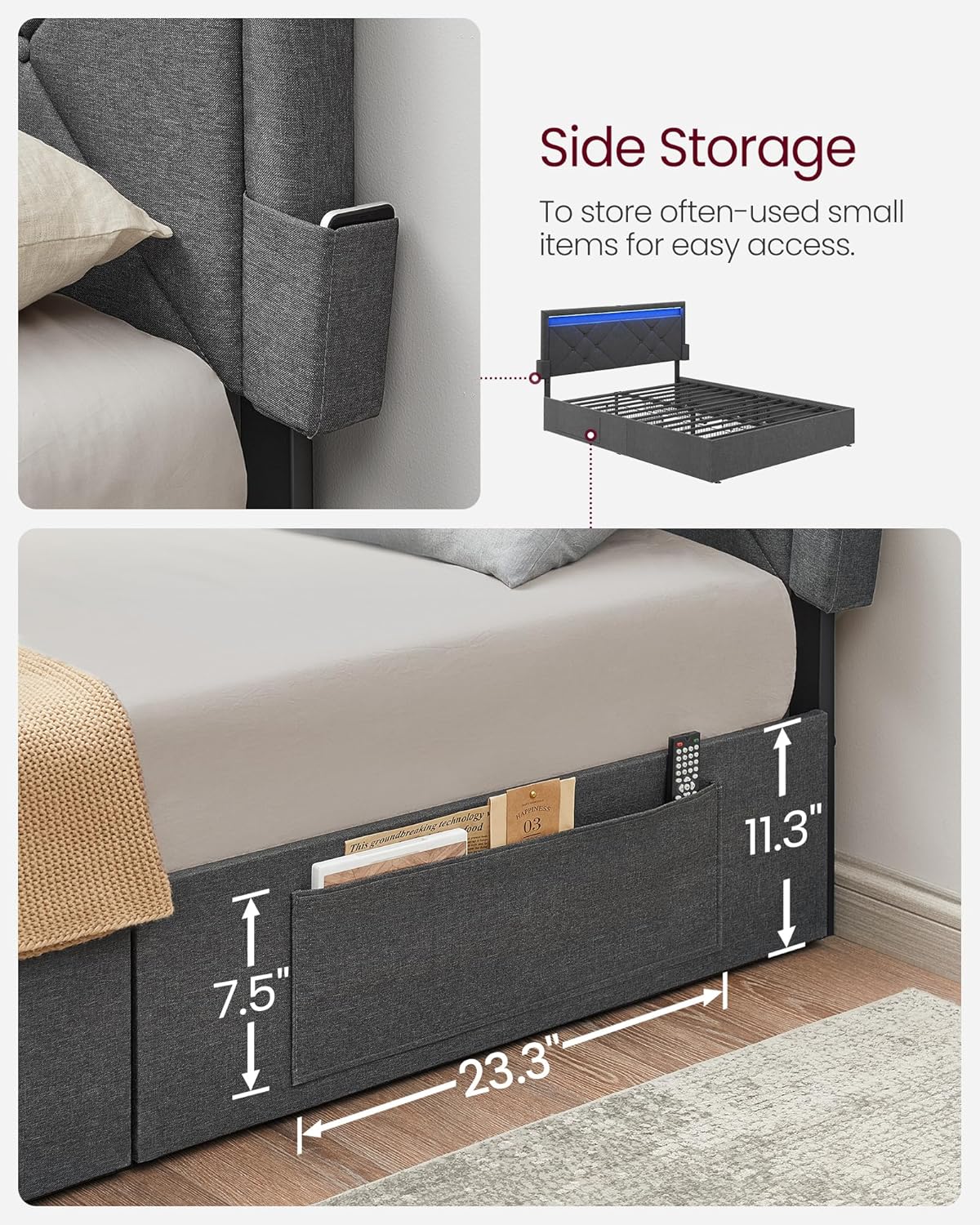 VASAGLE LED Bed Frame Full Size, Full Bed with Headboard and 4 Drawers, 1 USB Port and 1 Type C Port, Adjustable Upholstered Headboard 37.1/39.6 Inches, No Box Spring Needed, Dark Gray URMB822G71