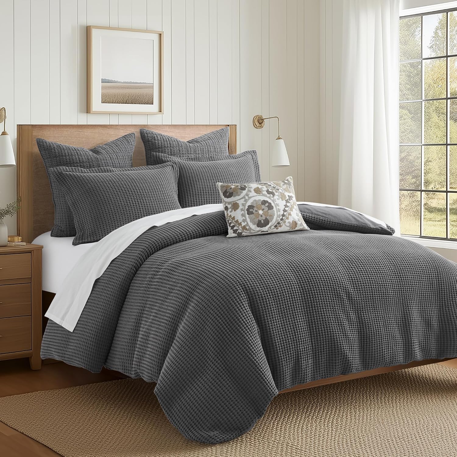 Levtex Home Mills Waffle Queen Duvet Cover Set (90x94in) with 2 Pillow Shams (26x20in) - Charcoal - 100% Cotton Queen Size Duvet Cover Set - Soft, Pre-Washed