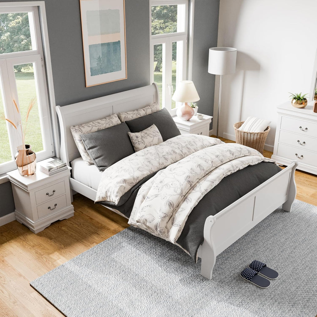 Furniture of America Louis Philippe Traditional Solid Wood 3 Piece Bedroom Set, King Bed Frame and Nightstands Set of 2, Sleigh Design Bedframe with Headboard and Footboard, Box Spring Needed, White