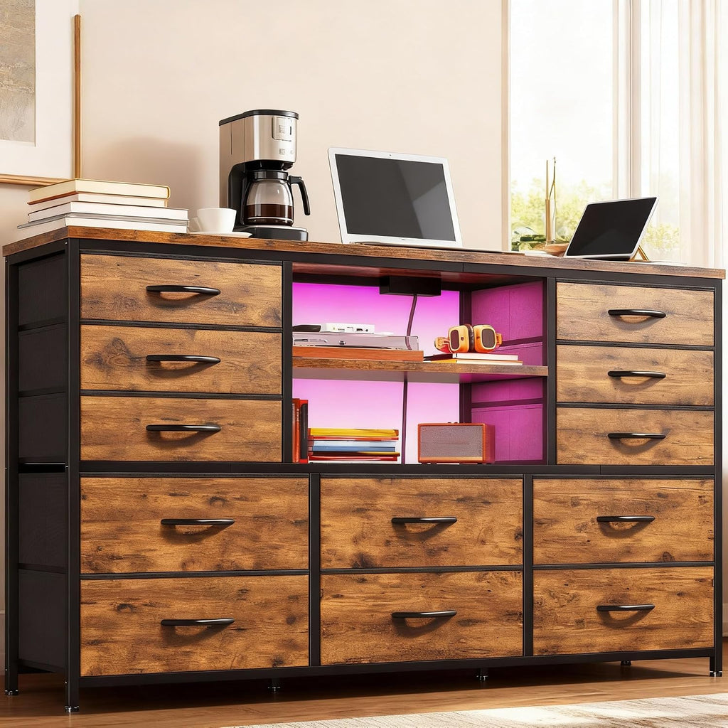 EnHomee 12 Drawers Dresser for Bedroom with LED Lights & Charging Station,TV Stand for 55/60'' TV, Fabric Dressers & Chests of Drawers with 3 Wooden Shelves for Hallway,Sturdy,Rustic Brown