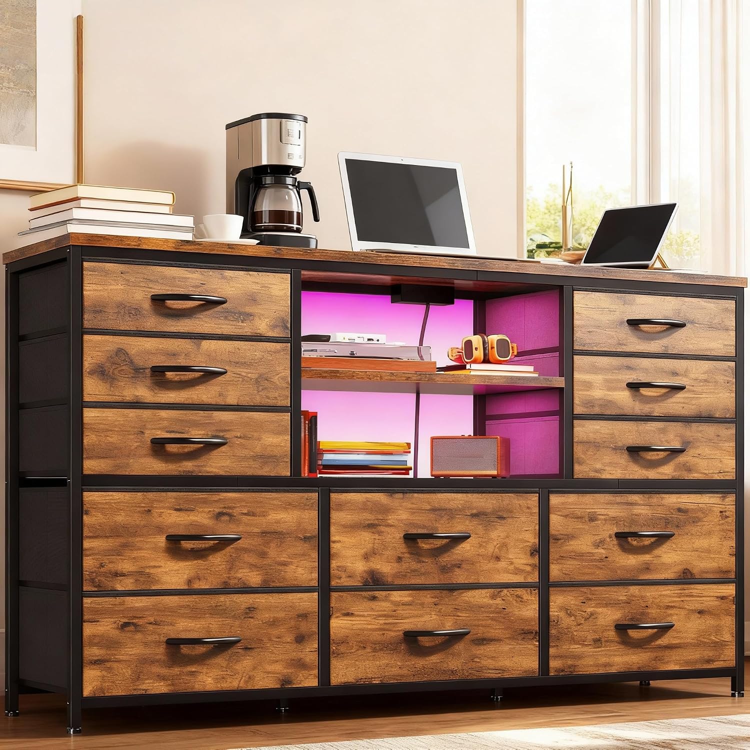 EnHomee 12 Drawers Dresser for Bedroom with LED Lights & Charging Station,TV Stand for 55/60'' TV, Fabric Dressers & Chests of Drawers with 3 Wooden Shelves for Hallway,Sturdy,Rustic Brown
