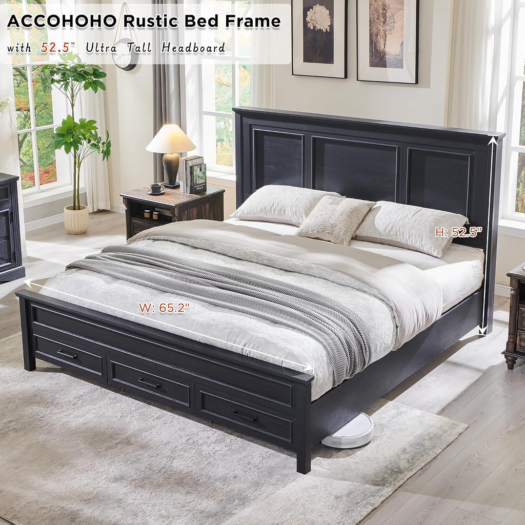 ACCOHOHO Farmhouse Queen Size Bed Frame with 52' Tall Headboard, Wood Platform Bedframe with Footboard and Storage Drawers, No Squeak, No Box Spring Needed, Black