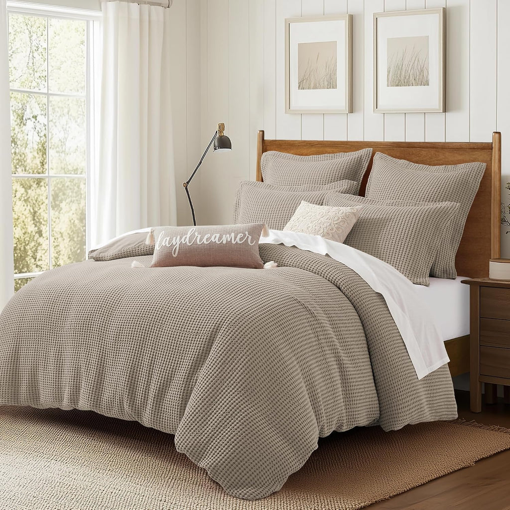 Levtex Home Mills Waffle Queen Duvet Cover Set (90x94in) with 2 Pillow Shams (26x20in) - Beige Fawn - 100% Cotton Queen Size Duvet Cover Set - Soft, Pre-Washed