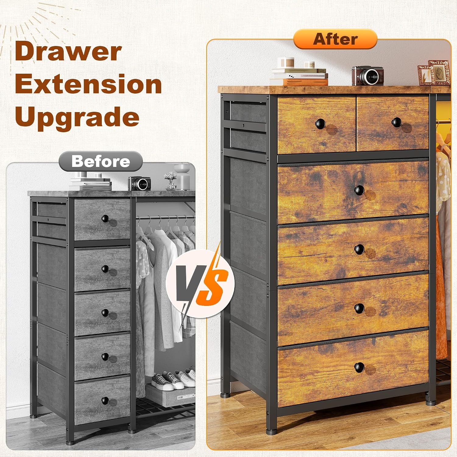 EnHomee 49.2' W Dresser with Hanging Rack & 6 Fabric Drawers – Wooden Top Organize Unit Featuring LED Lights, Charging Station & Grid Panel & Hooks for Bedroom, Rustic Brown