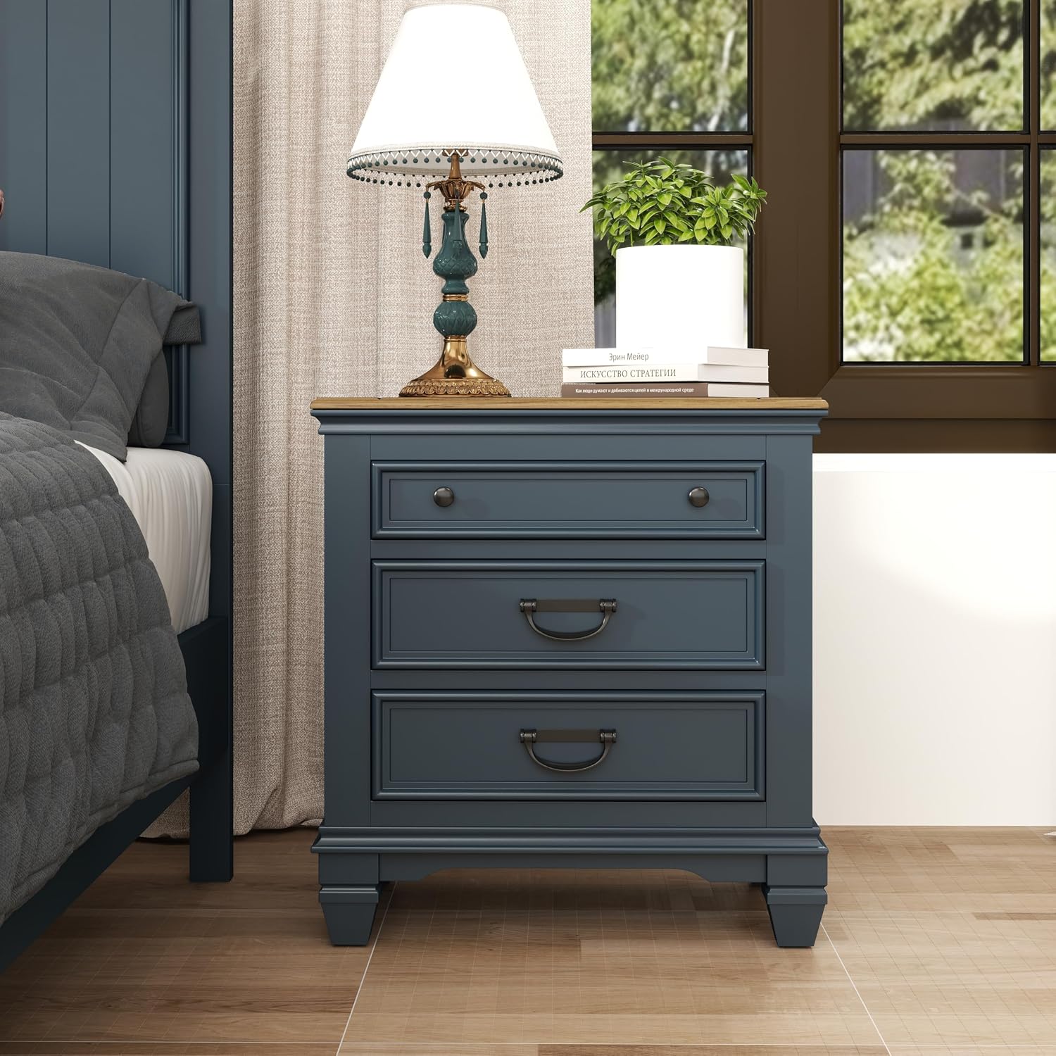 Roundhill Furniture Riverton Wood 3-Piece Bedroom Set, Shiplap Panel Queen Bed with 2 Nightstands in Slate Blue