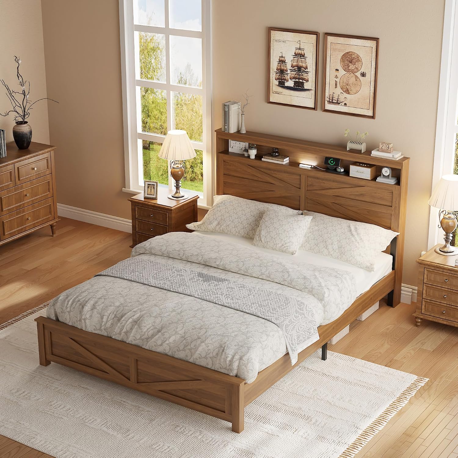 Farmhouse Wooden Bed Frame Queen Size with Storage Headboard, Boho Platform Bedframe with LED Lights and Charging Station, Metal Slats Support, No Box Spring Needed, Deep Brown