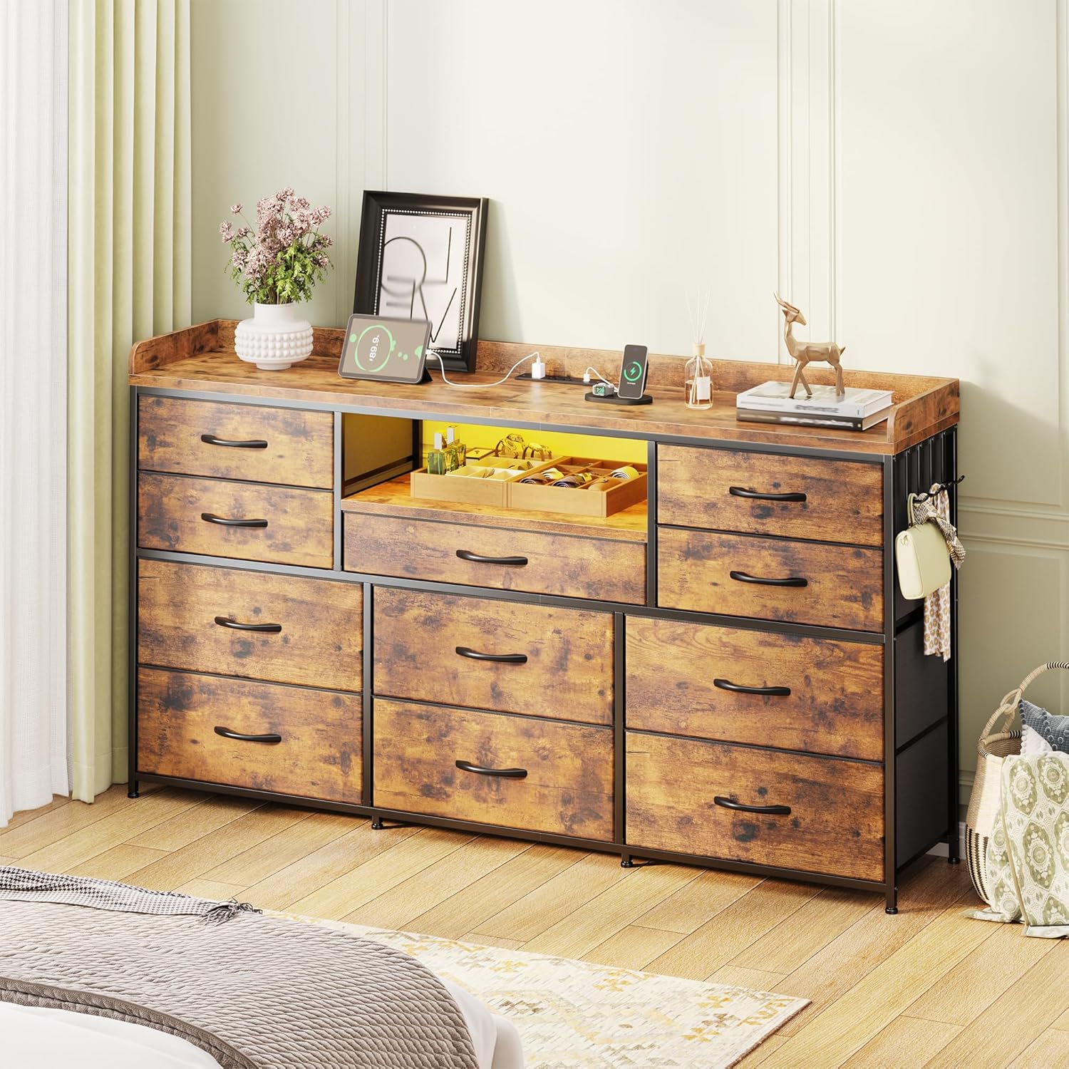 Dresser for Bedroom with LED Lights & Charging Station & 4 Hooks 11 Drawer Dressers & Chests of Drawers Long Fabric Dresser TV Stand for 60 inch TV for Entryway 11.8'D x 47.2'W x 31.5'H Rustic Brown