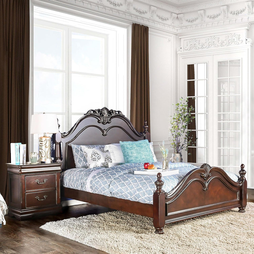 Furniture of America FOA Ruben 2pc Cherry Solid Wood Panel Bedroom Set - King + Nightstand
