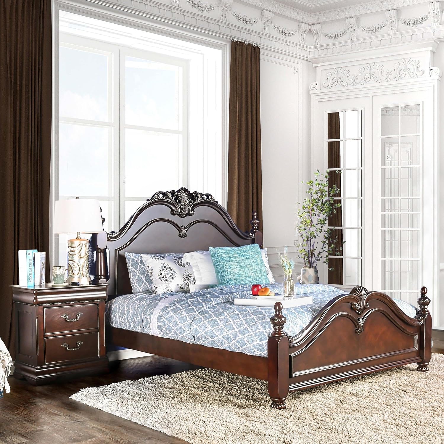 Furniture of America FOA Ruben 2pc Cherry Solid Wood Panel Bedroom Set - King + Nightstand