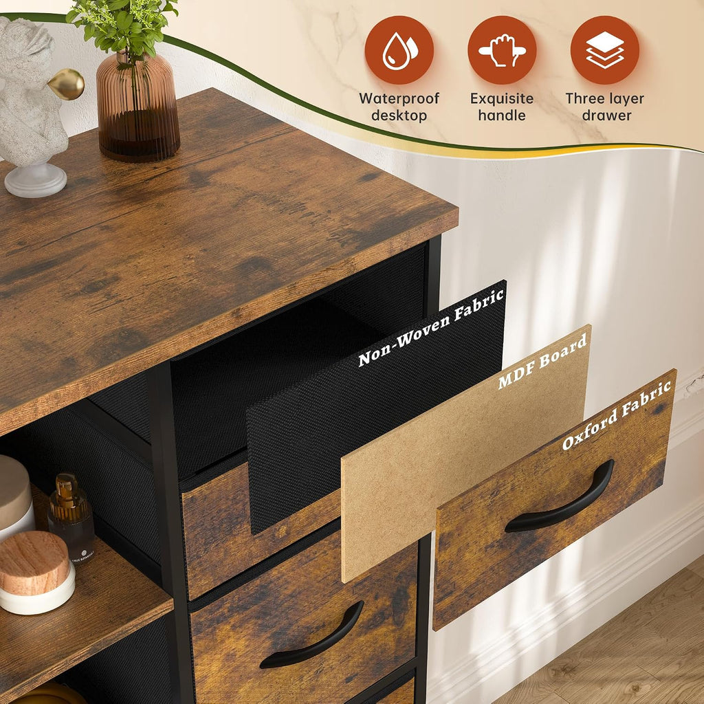 EnHomee 51' H Dresser with 15 Drawers Dresser for Bedroom with Charging Station & LED Lights & Hutch Sturdy Fabric Bedroom Dressers, Steel Frame, Wood Top, Rustic Brown, 51.2' H x 39.3' W x 11.8' D