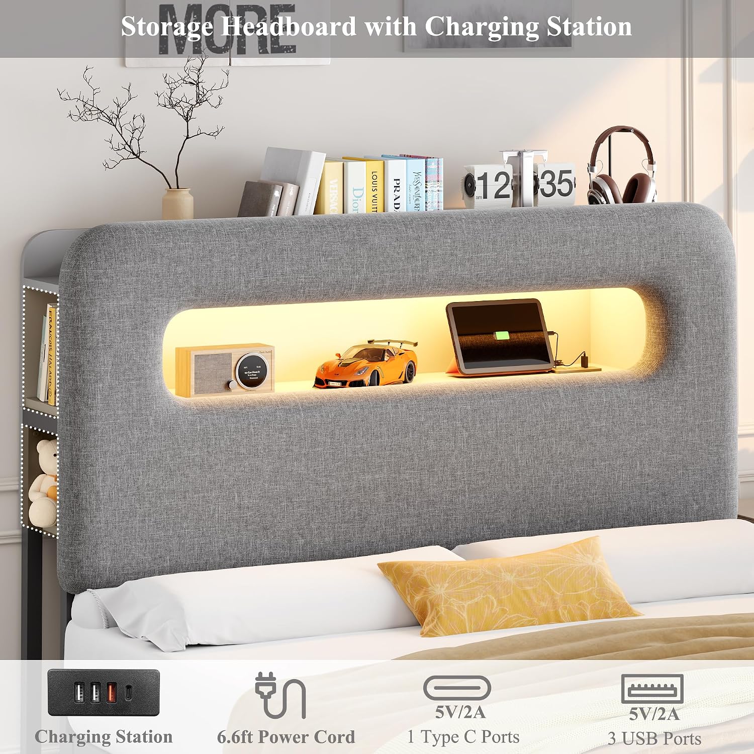 HOSTACK Queen LED Bed Frame with Storage Headboard and Charging Station, Boys Bed Frame with 2 Drawers and USB Ports, Velvet Upholstered Platform Bed Frame with Bookcase, No Box Spring Needed, Grey