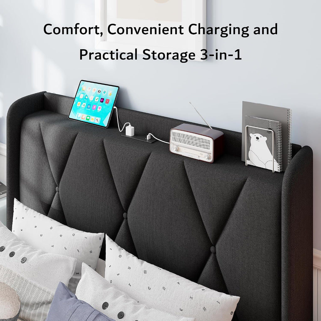 iPormis Twin Bed Frame with 3 Storage Drawers, Upholstered Platform Bed Frame with Charging Station, Modern Wingback Storage Headboard, Easy Assembly, Black