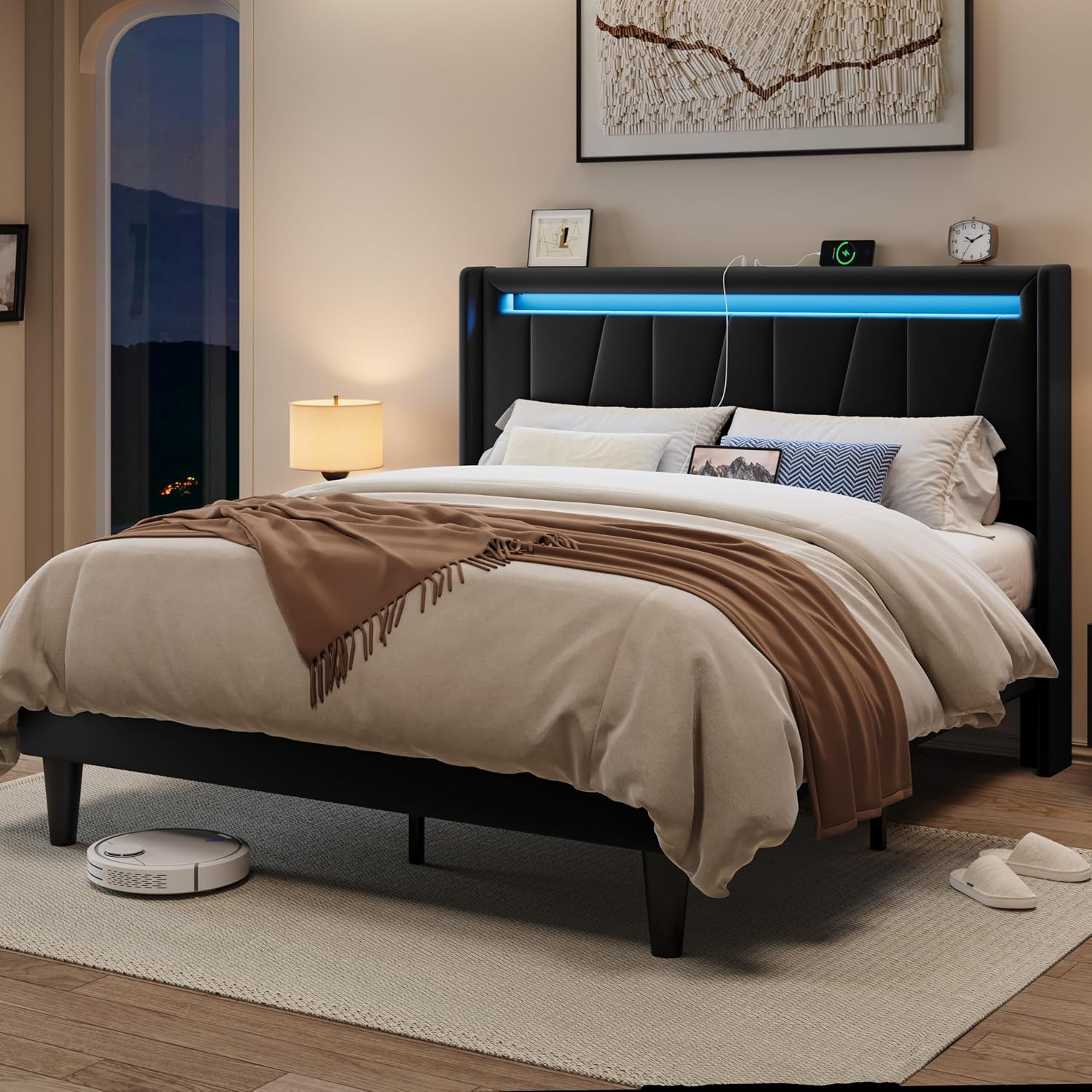 Allewie Queen Size LED Bed Frame with Charging Station, Velvet Upholstered Platform Bed with Geometric Wingback Headboard, Modern Frame with No Box Spring Needed, Easy Assembly, Black