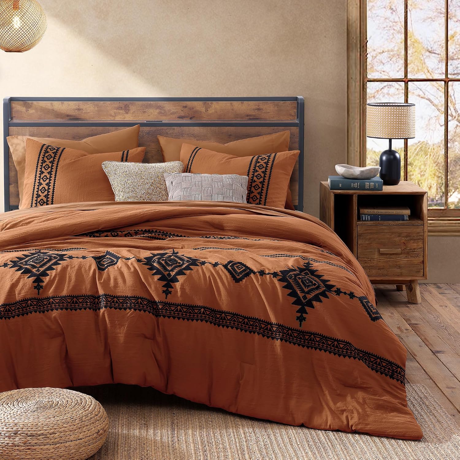 MaiRêve Super King Plus Comforter Set Burnt Orange, Embroidery Western Boho Bedding Set 7 Pieces, All Season Farmhouse Bed in A Bag Comforter Set with Sheets, Pillowcases & Shams