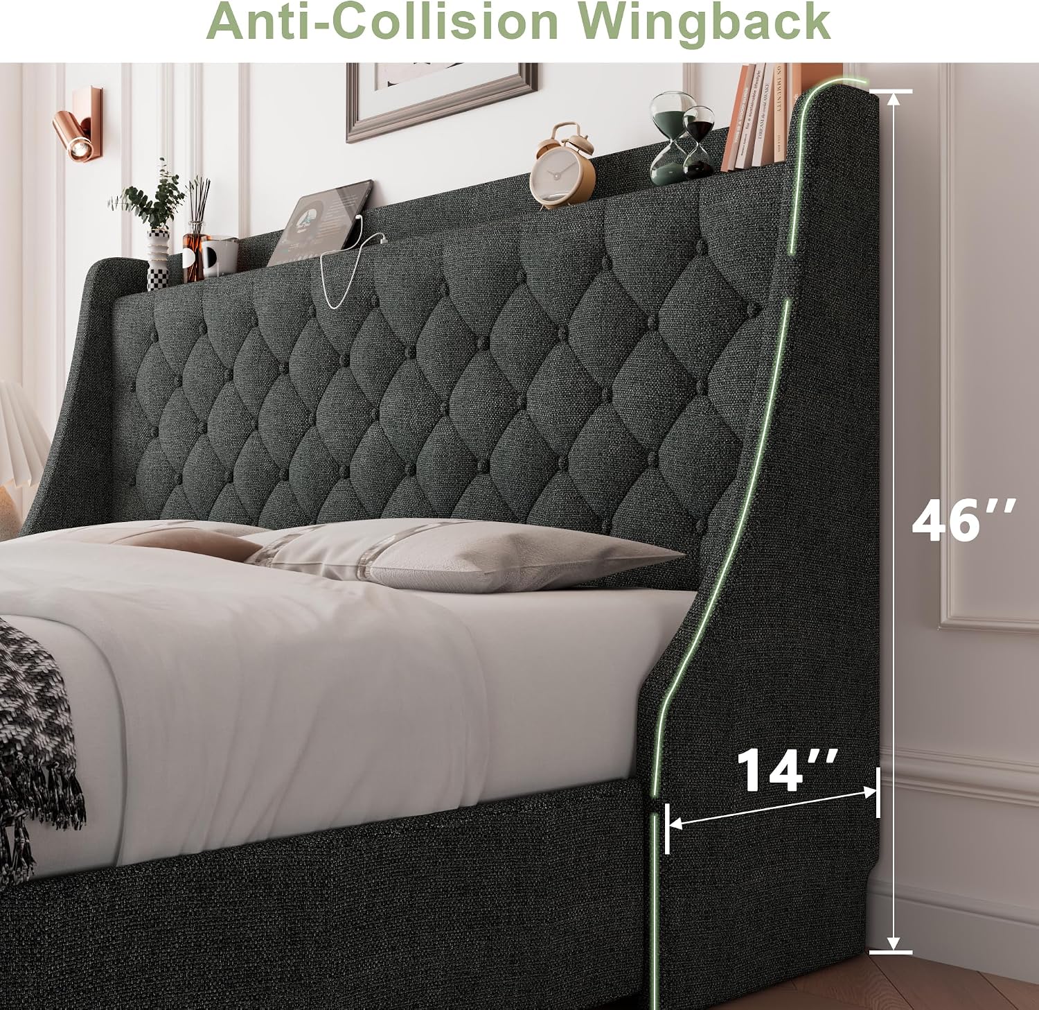Feonase King Size Bed Frame with 4 Storage Drawers, Upholstered Storage Bed with Charging Station, Tufted Wingback Headboard, No Box Spring Needed, Dark Grey