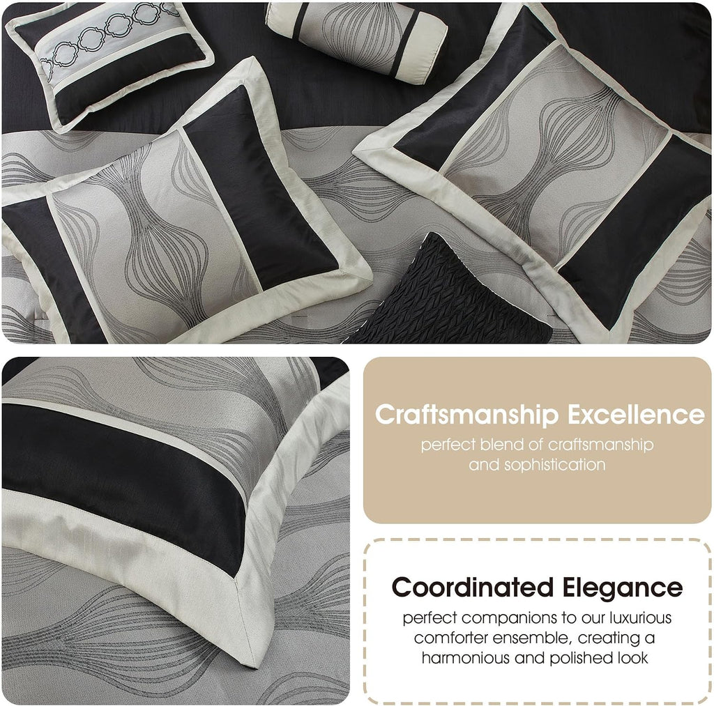 Stratford Park Elegant Black and Silver Comforter Set King Size, Striped,15 Piece Room-in-A-Bag, Jacquard Bedding Set, All Season, Matching Decorative Pillows, Pillow Sham, Curtains