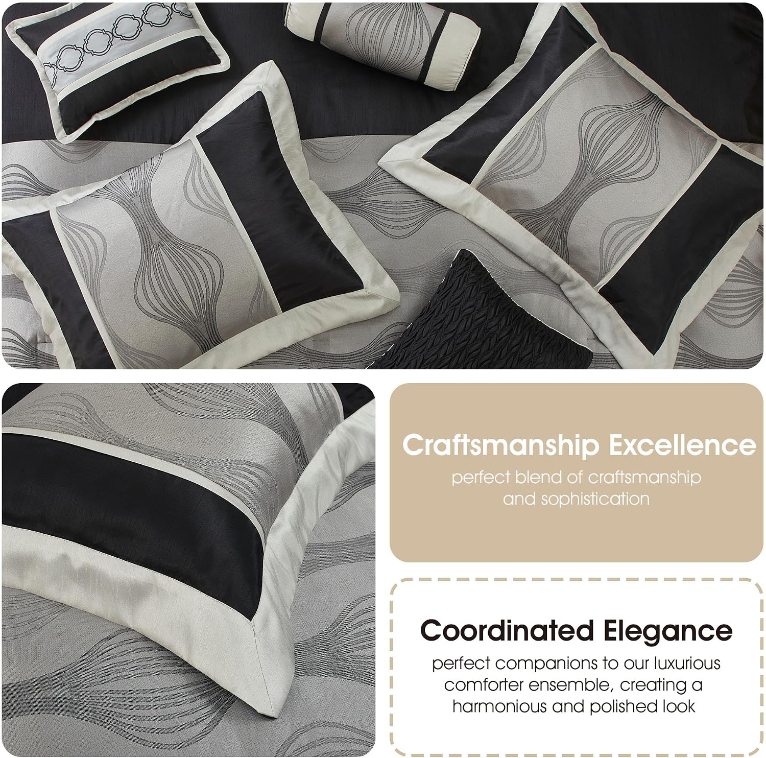 Stratford Park Elegant Black and Silver Comforter Set King Size, Striped,15 Piece Room-in-A-Bag, Jacquard Bedding Set, All Season, Matching Decorative Pillows, Pillow Sham, Curtains